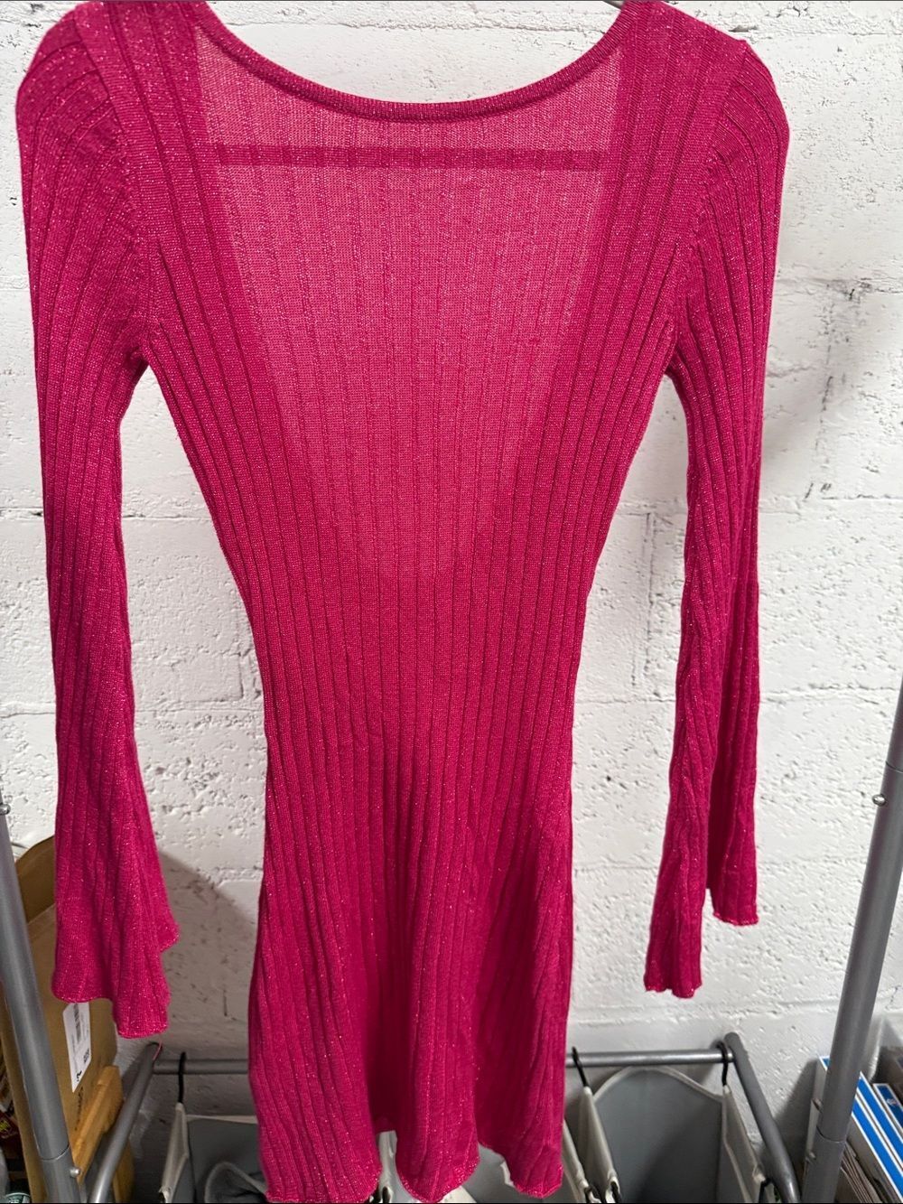 Bright Fuchsia Ribbed Long Sleeve Dress MORE TO COME Size XS Bell Sleeves